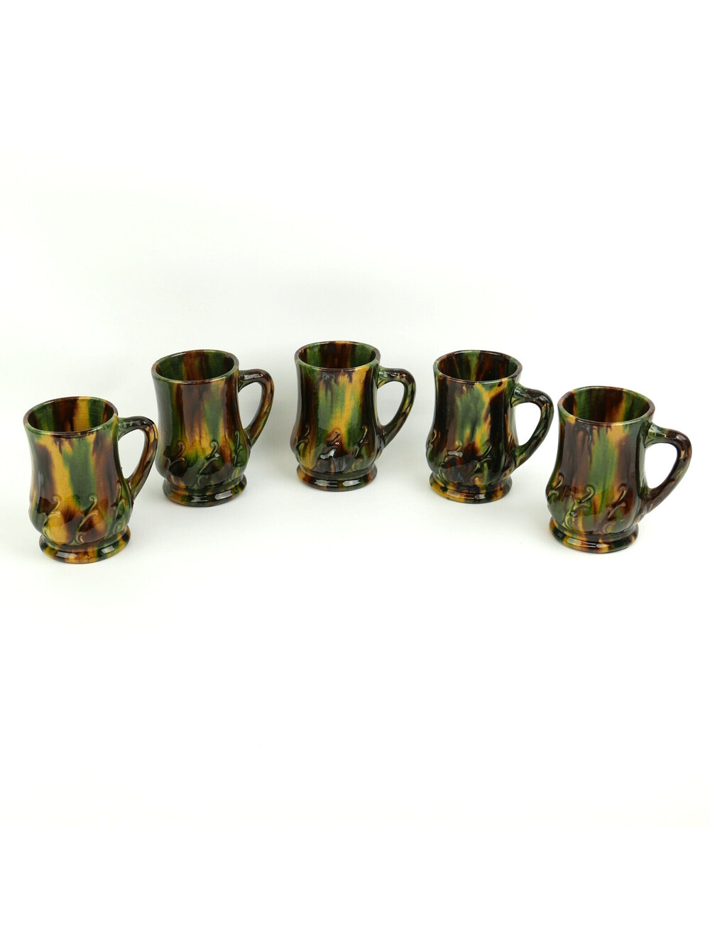 Antique Rockingham Bennington Beer Mugs Tankard Green Brown Drip Glaze Lot of 5